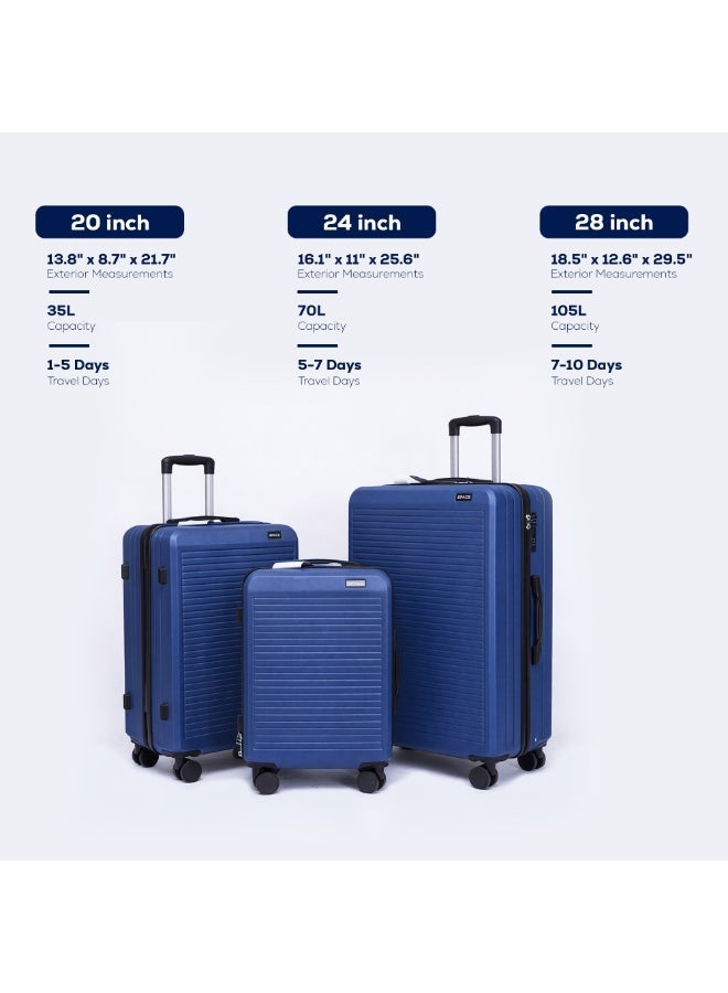 سبيس مجموعة حقائب سفر من 3 قطع صلبة بعجلات دوارة وخفيفة الوزن مصنوعة من مادة ABS، 28/24/20، أزرق داكن - Image 2